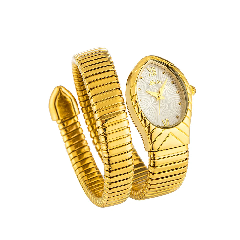 A gold-toned ladies watch with a snake design on the bracelet and a white face.