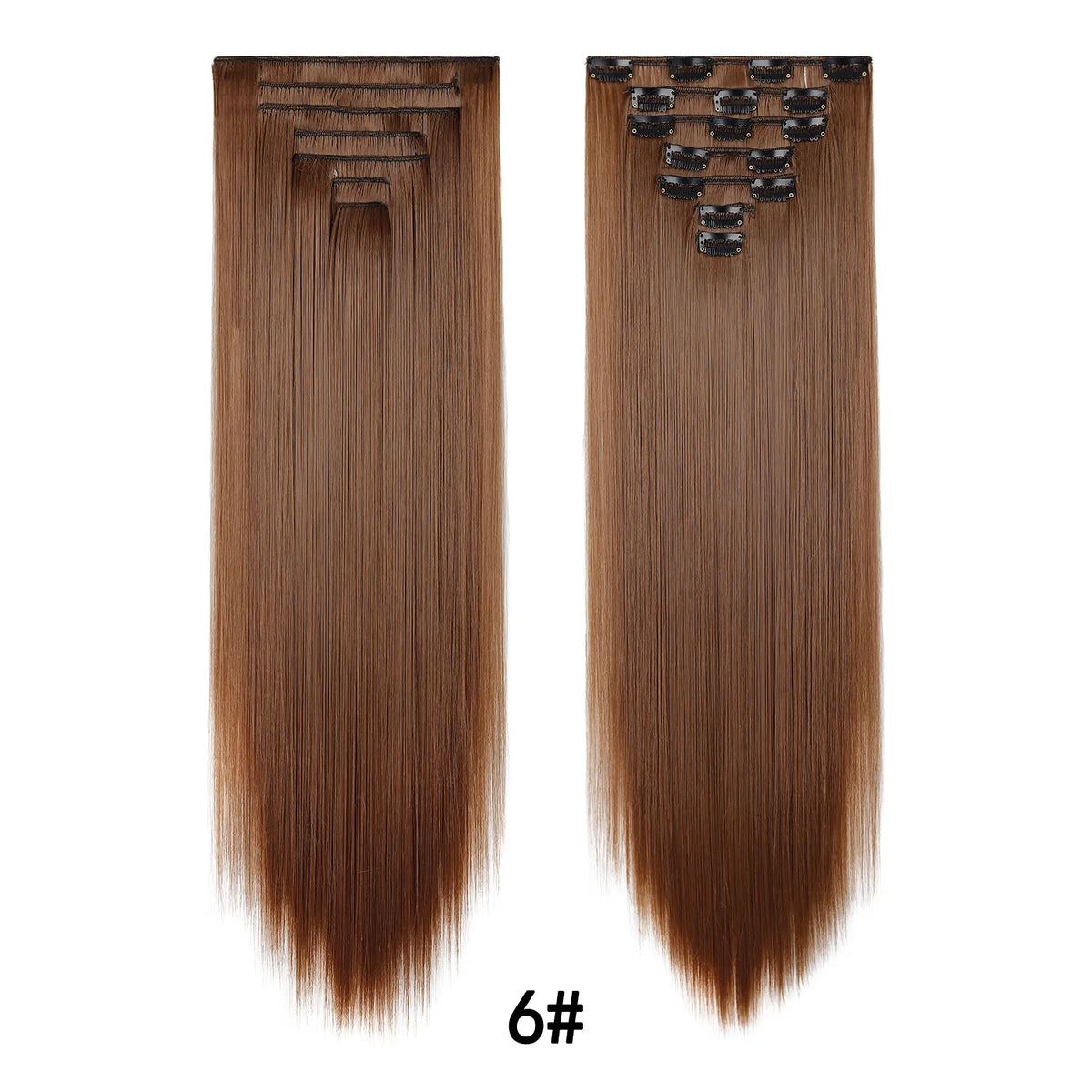 A pair of 24-inch clip-in hair extensions in a warm brown color shown against a white background.