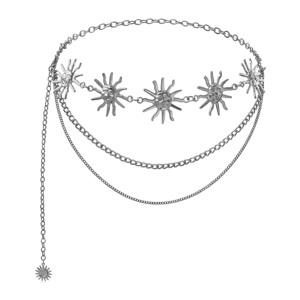 Silberner Boho-Mond-Faszien-Taillenchoker mit mehreren Strängen und dekorativen Sonnenstrahlen-Elementen.