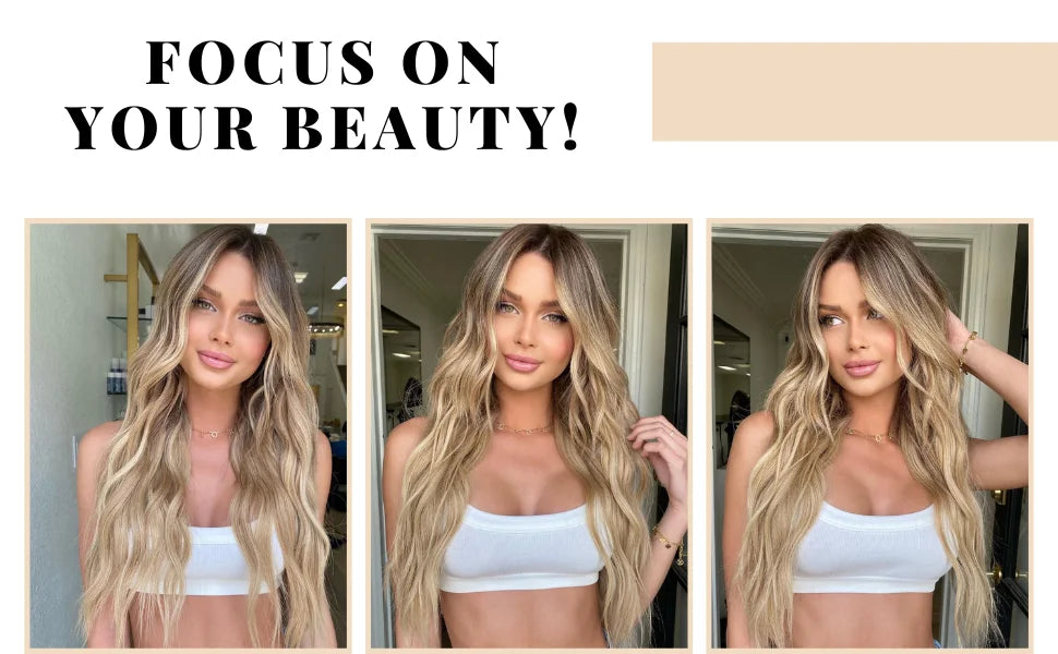 Tres fotos de una modelo con cabello rubio largo y ondulado y un top blanco corto
