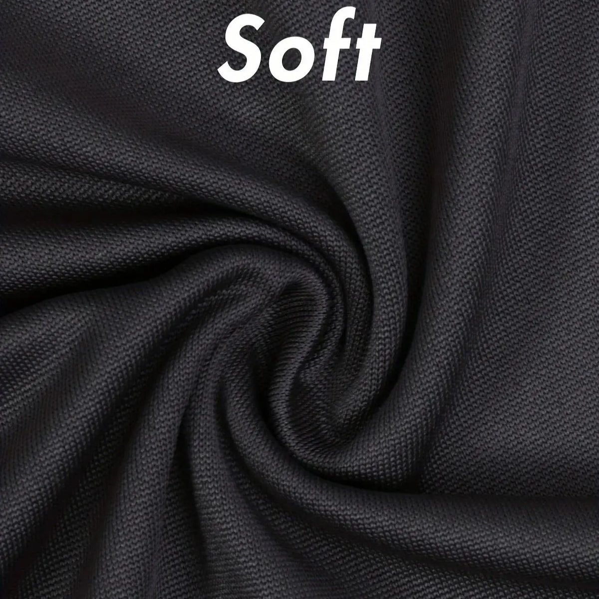 A close-up of a soft black fabric texture with the word Soft displayed above it.