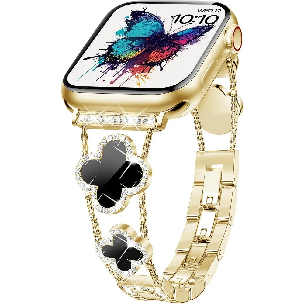 Montre connectée dorée avec un affichage papillon vibrant et un bracelet doré scintillant.