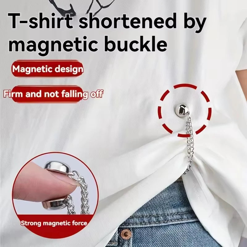 A white T-shirt shortened by a magnetic buckle, demonstrating a firm and non-falling-off magnetic design.