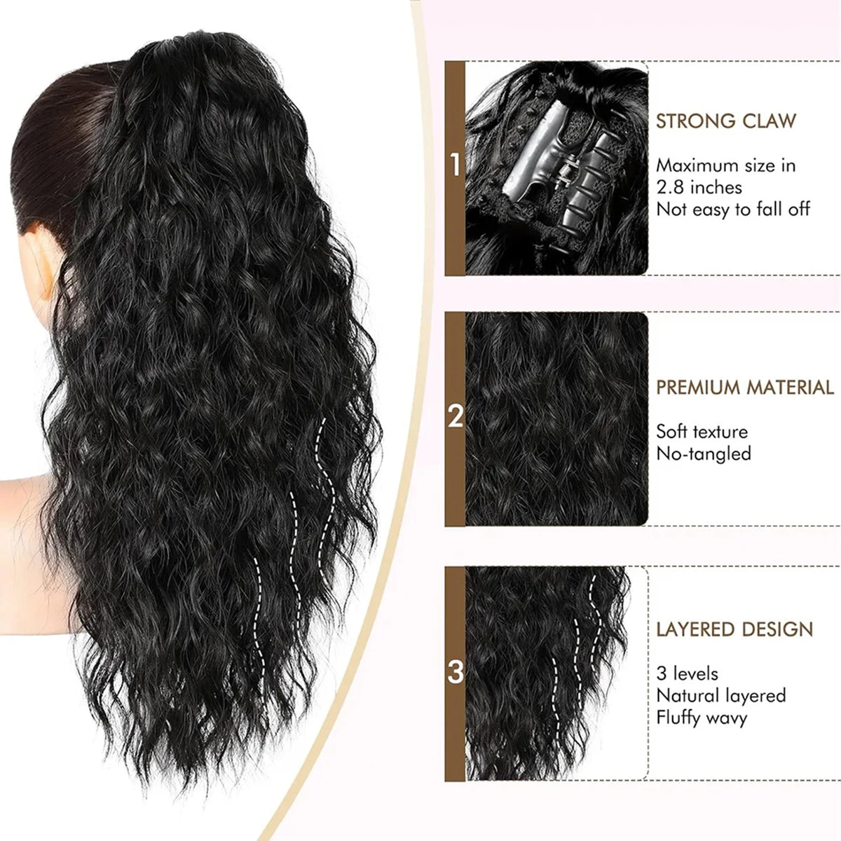 Extensions de cheveux noirs à clip montrant un style ondulé volumineux et superposé.