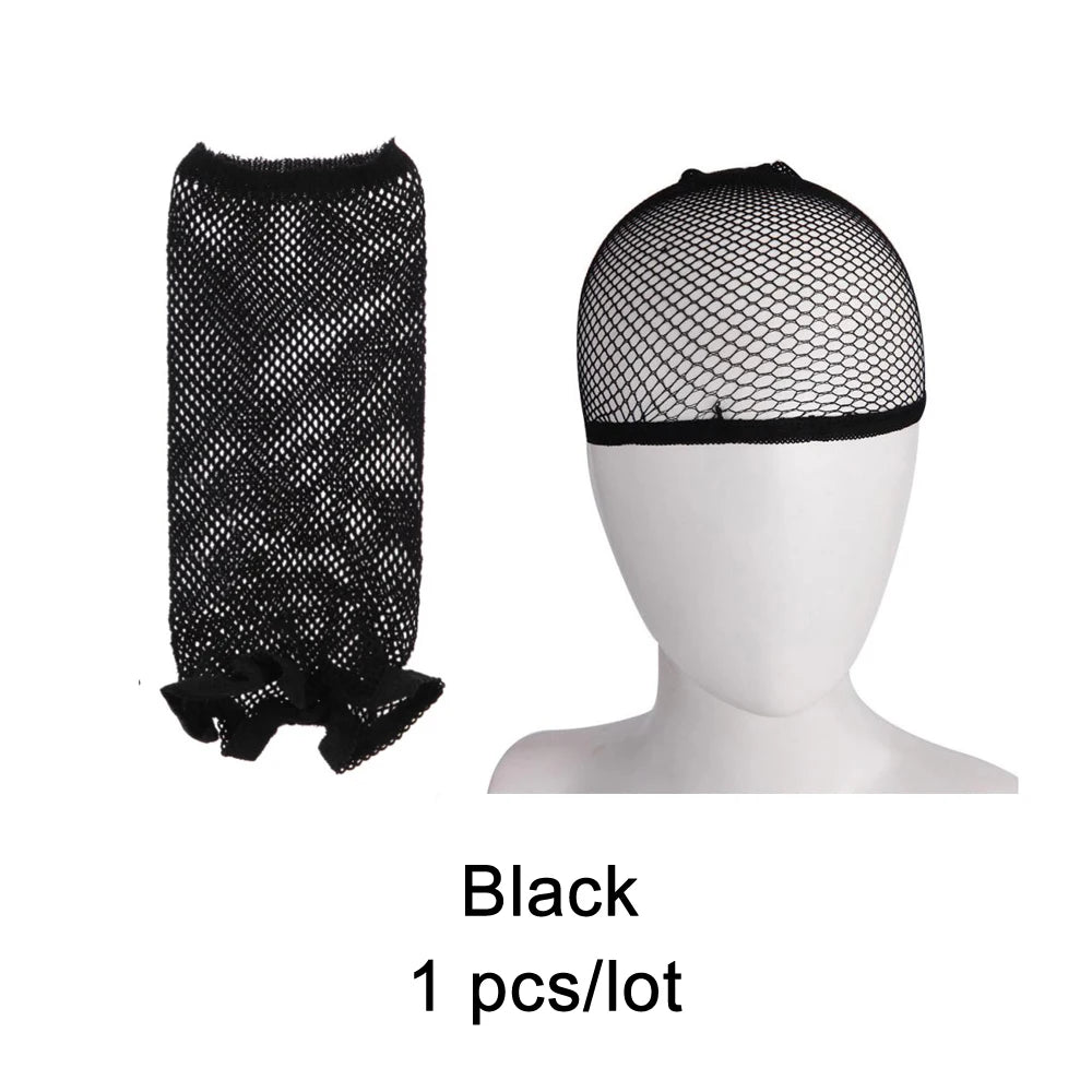 Black stretchable mesh hair net displayed on a mannequin head.