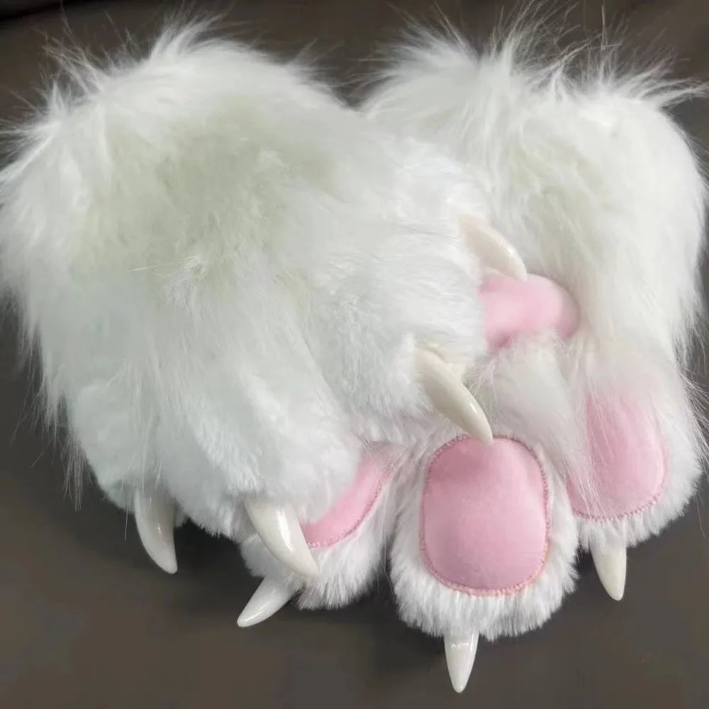 Pair of white and pink cartoon cosplay furry gloves with sharp claws