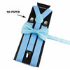 A set of light blue adjustable polyester suspenders and bow ties displayed on a black card.