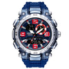 A blue digital wristwatch with a stainless steel bezel and dark face displaying time and functions.