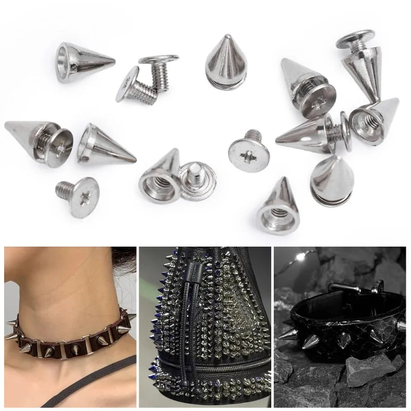 A collection of silver punk rock bullet rivets and decorative metal hardware for DIY crafting.