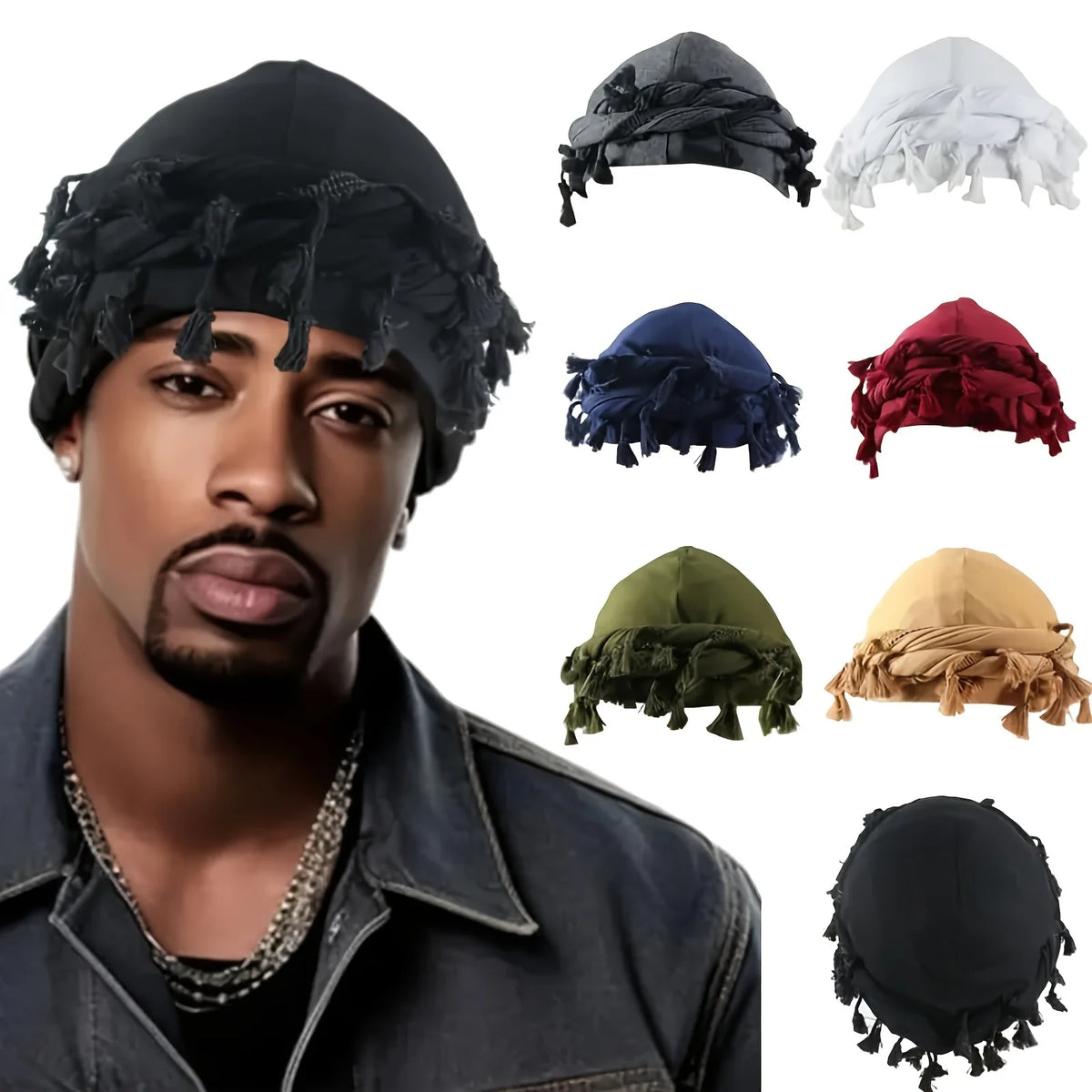 A man models a black turban head wrap and various fabric styles including satin and modal wraps.