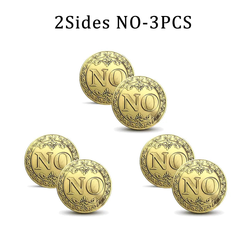 Three vintage antique bronze decision coins stamped with the word NO