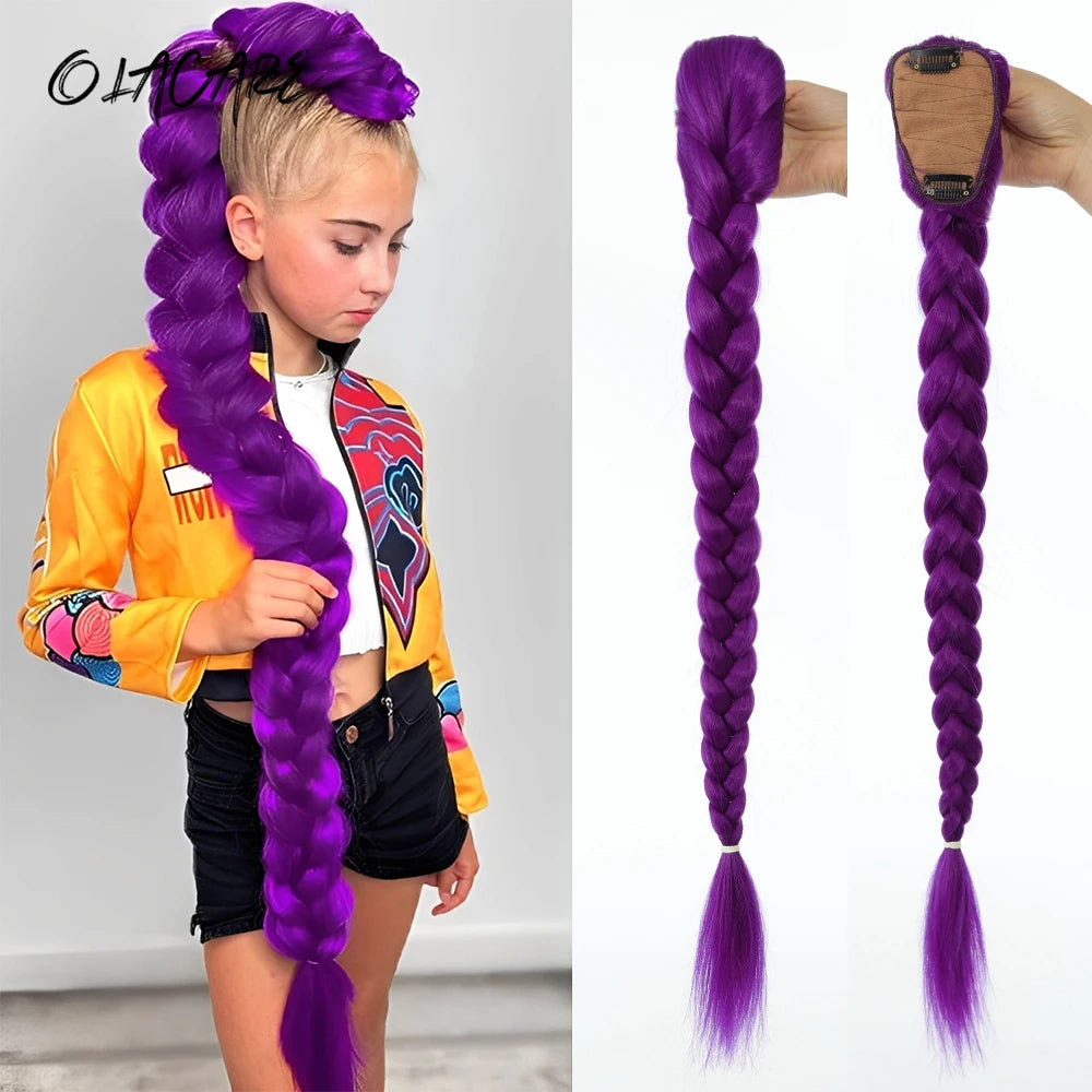 A girl shows off a long purple synthetic braided ponytail for kids girls
