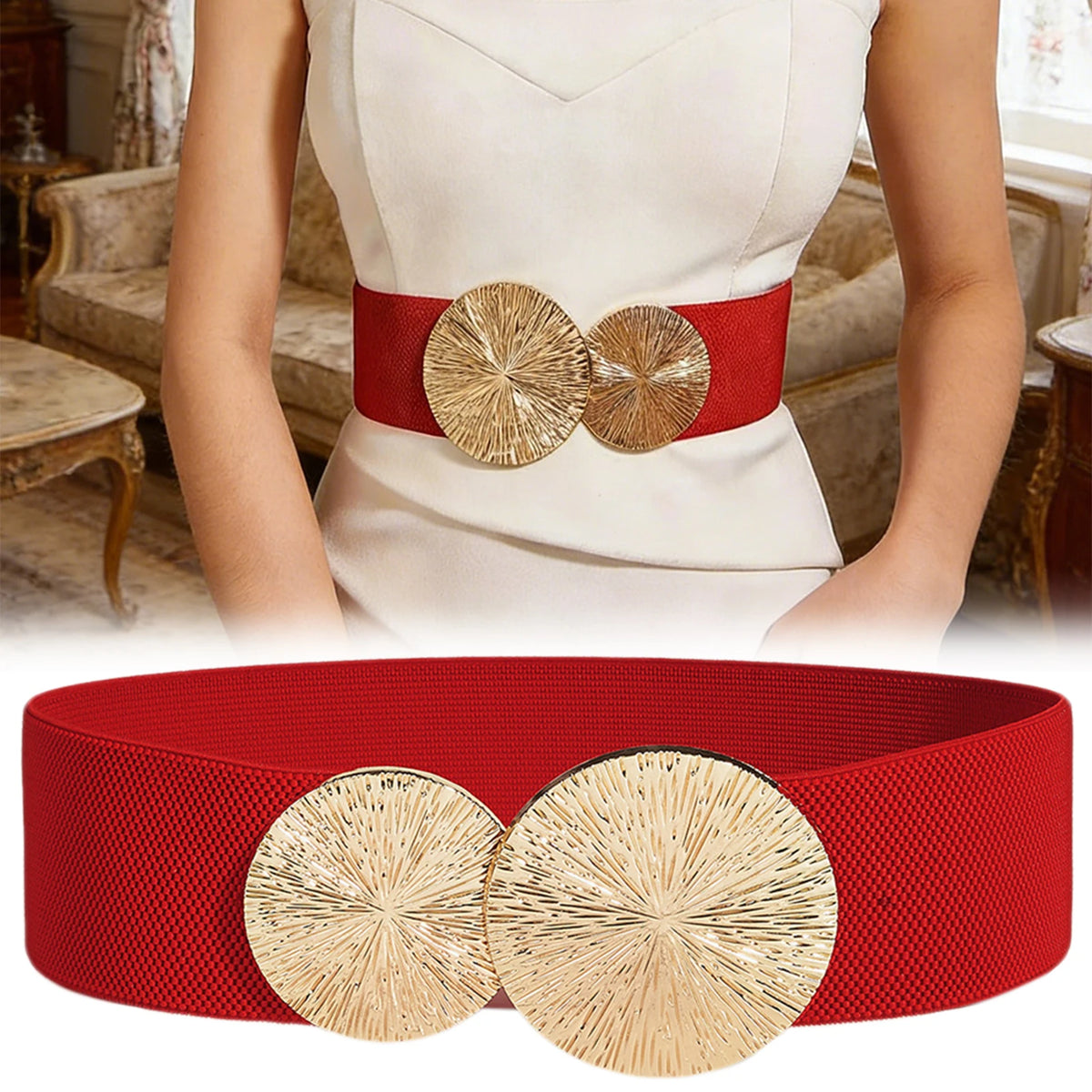 A red elastic waist belt with gold decorative discs shown against a white dress.