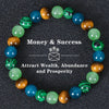 A bracelet made of various colored tiger eye crystals, including green, blue, and gold, arranged in a circle.