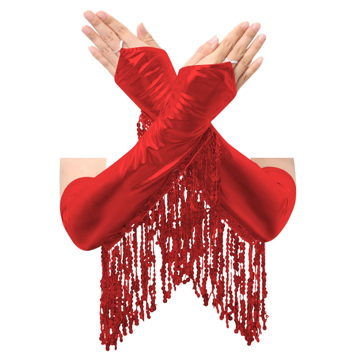 Ein Paar rote Pailletten-Metallic-Handschuhe in X-Form gekreuzt.