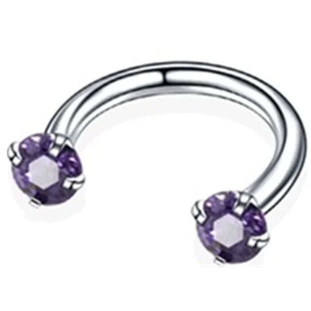Silver stainless steel hoop earring with a purple crystal gemstone.