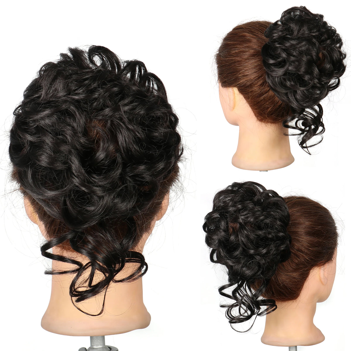 A close-up of synthetic messy hair bun scrunchies shown in various styles and colors on a mannequin head.