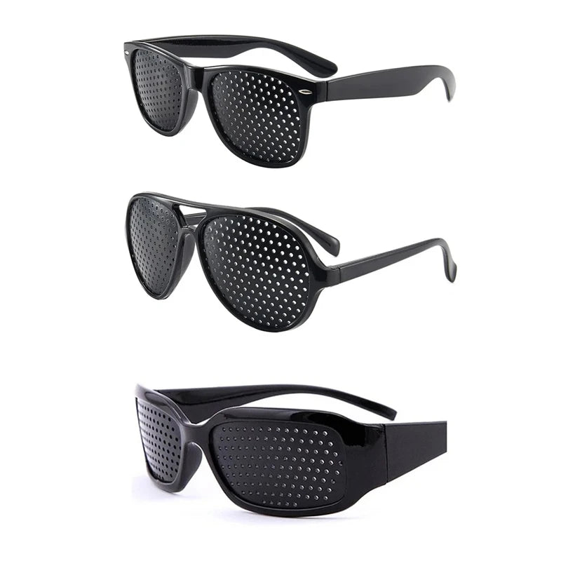 A set of black vision correction pinhole glasses shown in various angles.