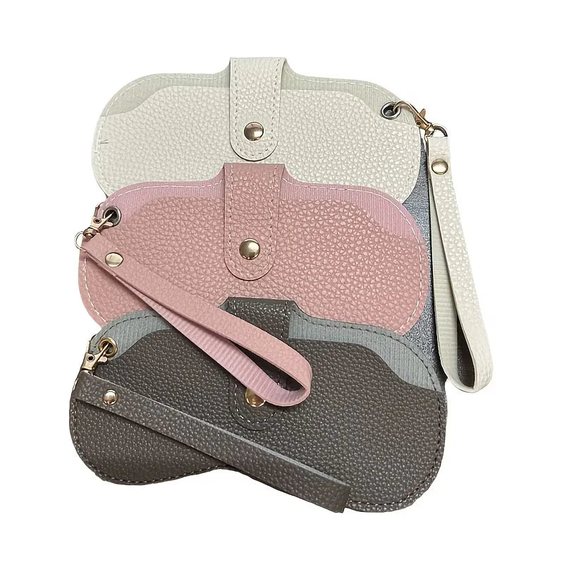 A multi-layered PU leather eyewear storage case in beige, pink, and gray tones.