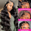 Close-up images showing different parting styles of a black wig with natural baby hair and deep parting.