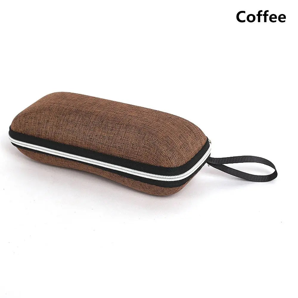 A brown fabric pouch with black trim and a strap, used for anti-blue light metal eyewear.