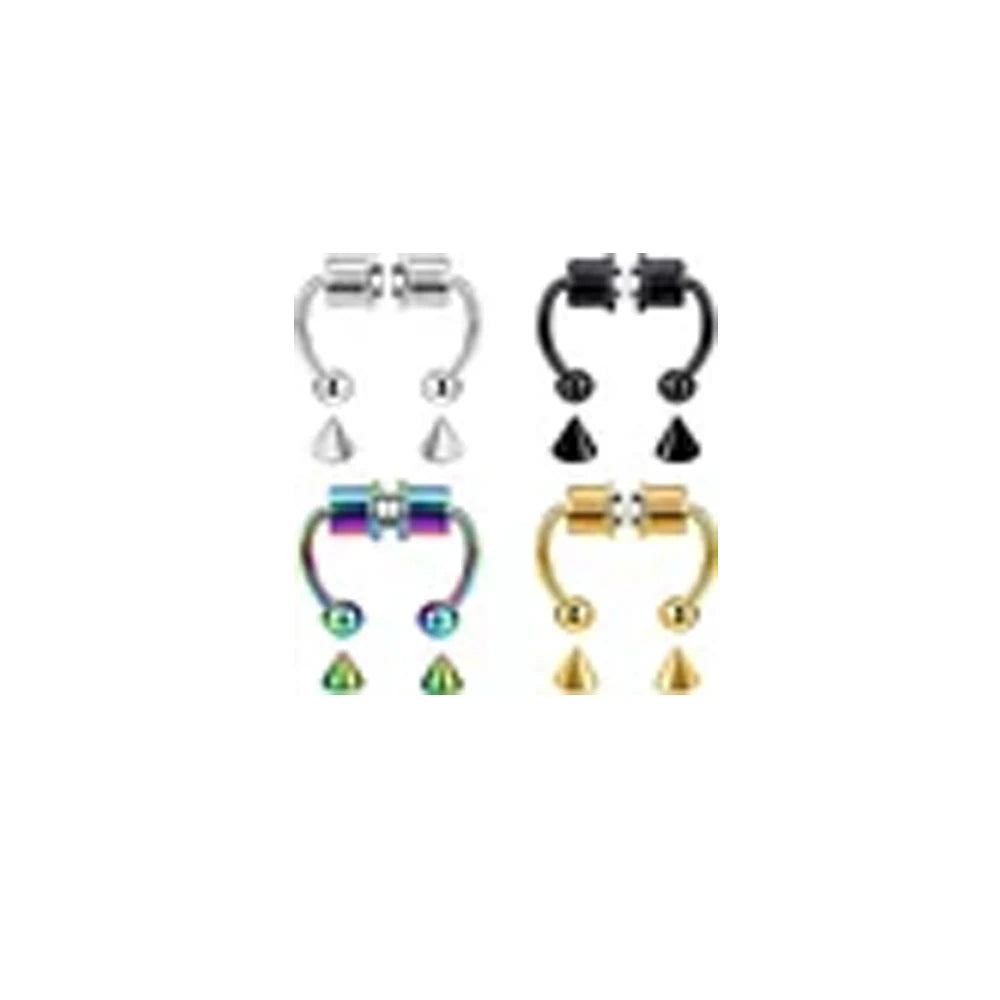 A set of fashion statement nose ring hoop jewelry featuring silver and gold colored hoops and studs.