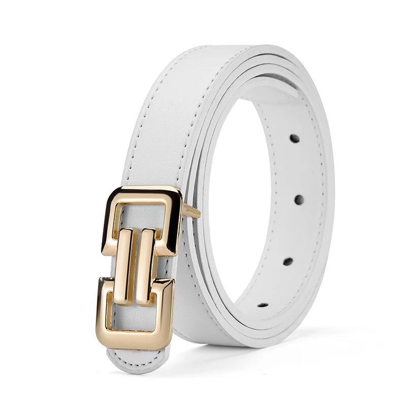 A white leather belt with a gold-tone rectangular buckle shown against a white background.