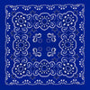 A dark blue paisley bandana scarf with white embroidery pattern.