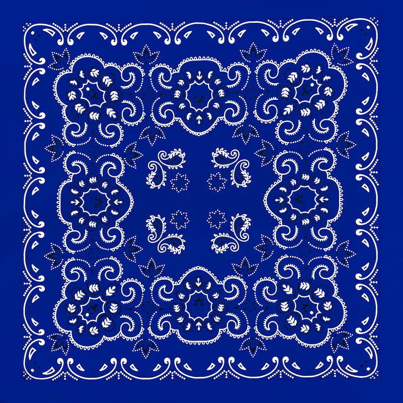 A dark blue paisley bandana scarf with white embroidery pattern.