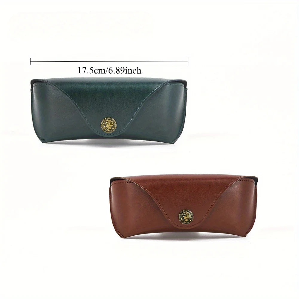 Estuche retro de PU verde oscuro para gafas y joyas, visto de lado.