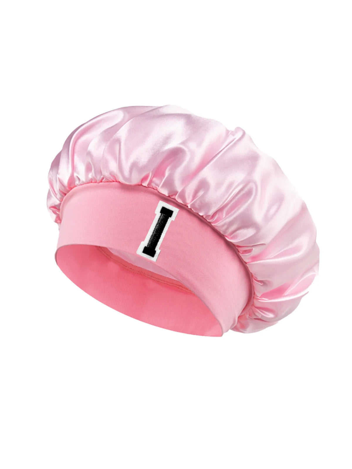 Pink satin hair cap with a black letter I print on the side