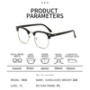 Un juego de gafas negras con monturas transparentes y sutiles patillas metálicas, mostradas con varias medidas.