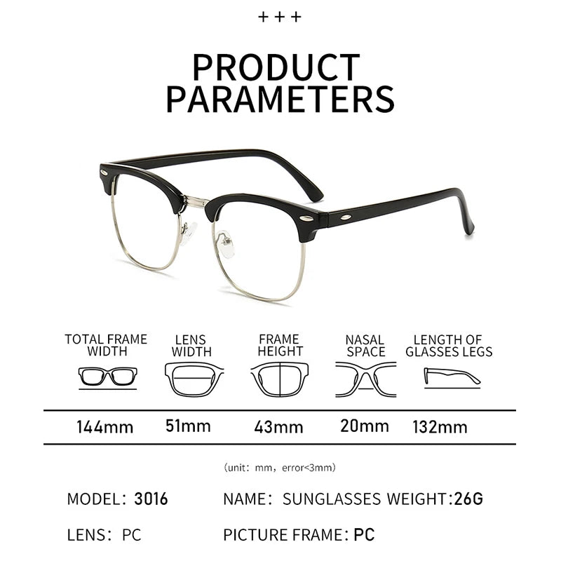 Un juego de gafas negras con monturas transparentes y sutiles patillas metálicas, mostradas con varias medidas.
