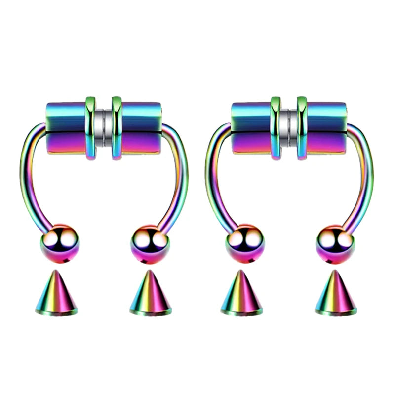 A pair of iridescent, colorful hoop nose rings with silver accents.