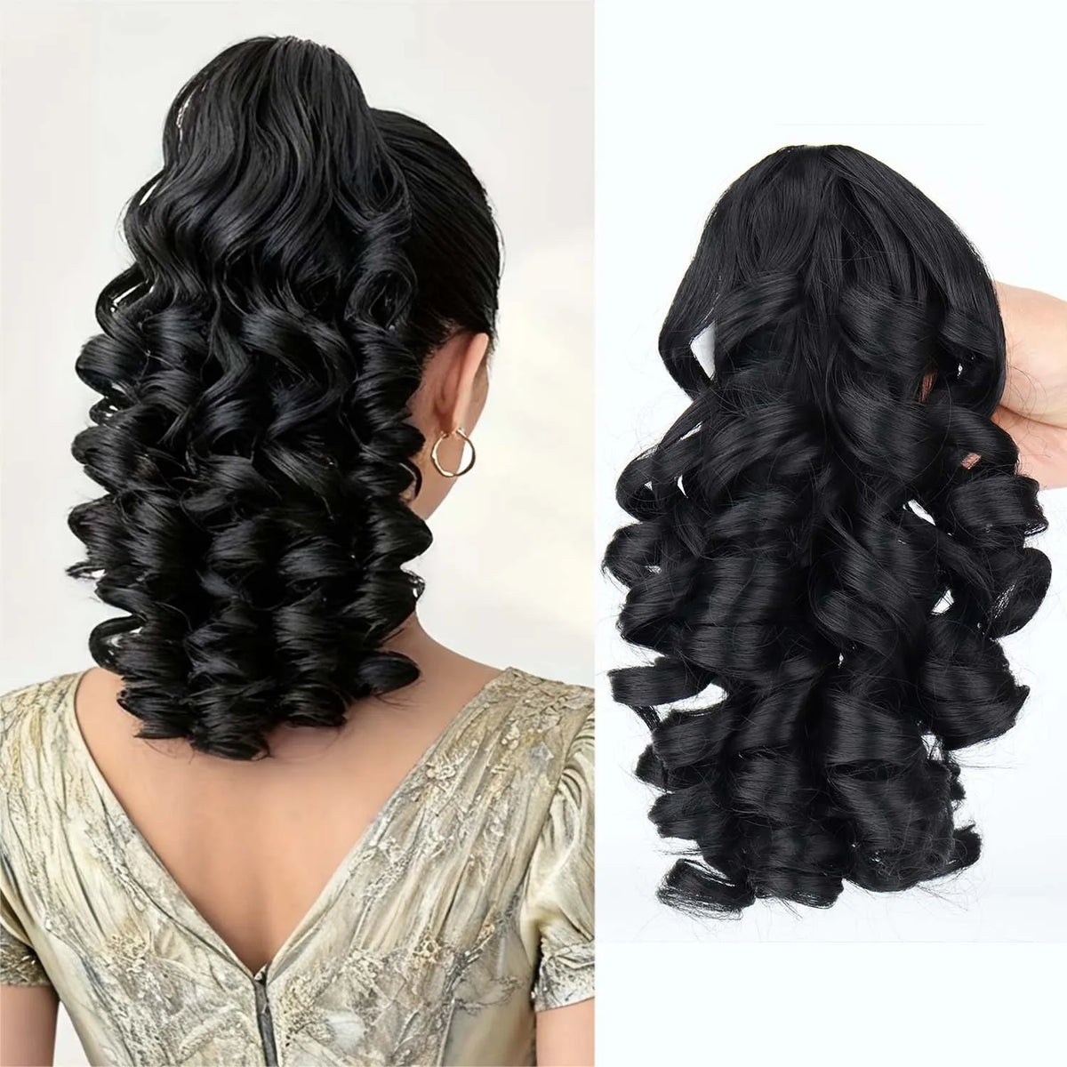 Black 14-inch claw clip ponytail extension for curly and wavy hair shown in a woman's hairstyle.