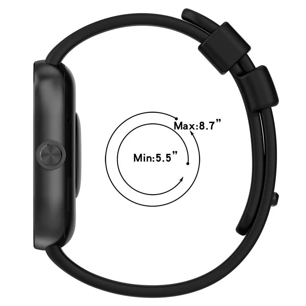 Black replacement silicone watch strap for a smartwatch, showing maximum and minimum sizes.