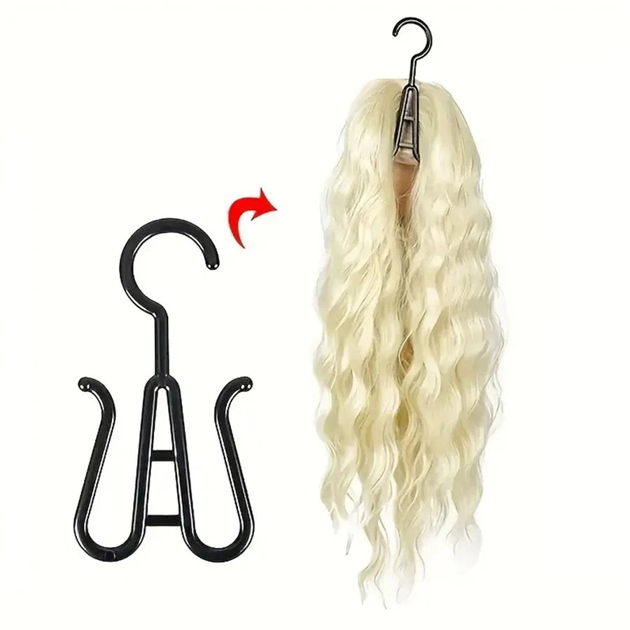 A pair of black metal wig and accessory hangers with hooks for hanging hair