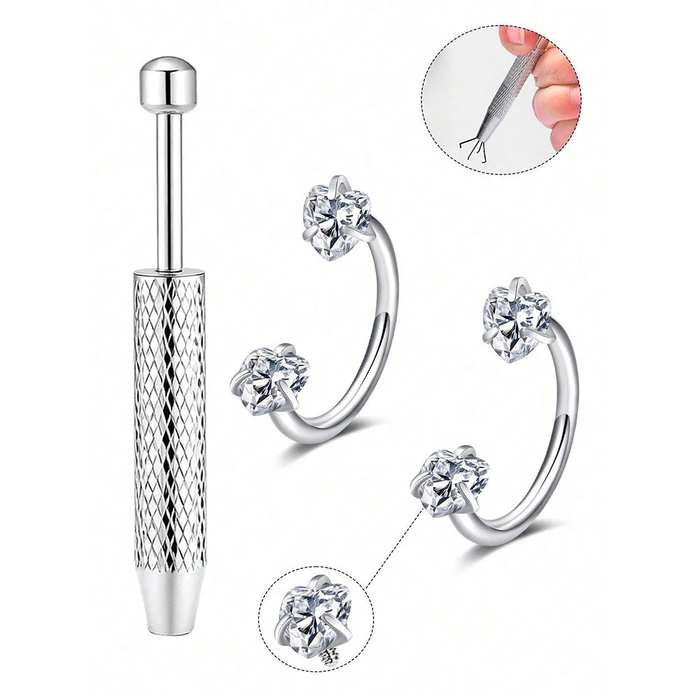Stainless steel horseshoe nose stud with ball grabber and decorative gemstone options
