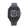 A dark gray diamond crystal quartz wristwatch for men with a textured metal band and a square face.