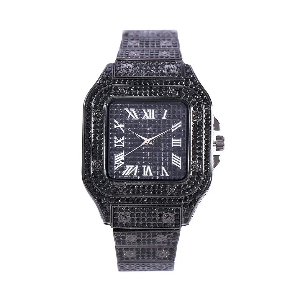 A dark gray diamond crystal quartz wristwatch for men with a textured metal band and a square face.