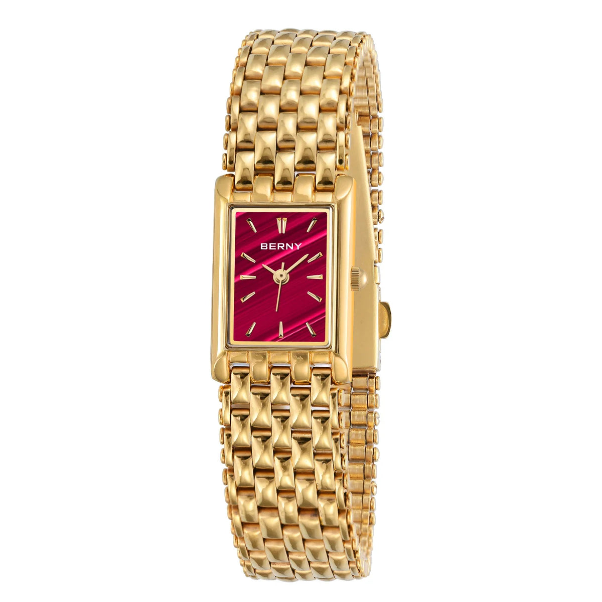 Montre en quartz dorée pour femme avec cadran rose et bracelet doré.