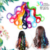 A display of 30 colorful hair extensions in various shades, including pink, orange, purple, blue, and green.