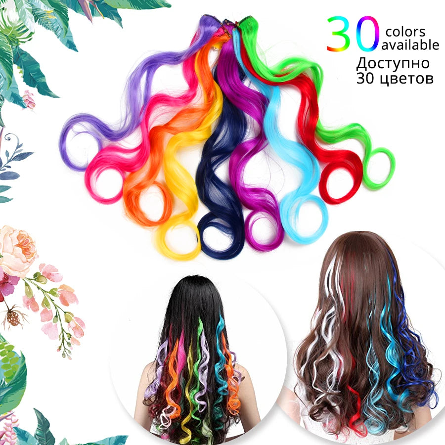 A display of 30 colorful hair extensions in various shades, including pink, orange, purple, blue, and green.