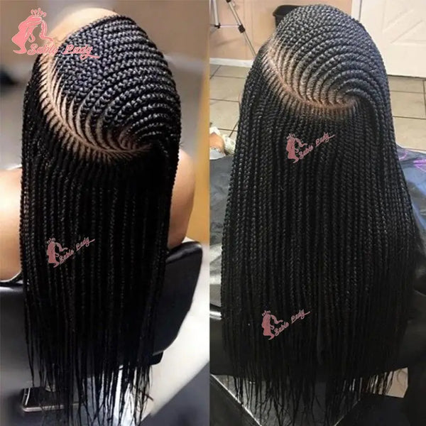 A close-up of a long black braided cornrow wig styled in a high ponytail.