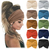 A collection of brown, blue, green, and orange bohemian pattern headbands shown in various folded styles.