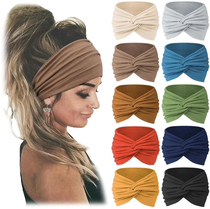 A collection of brown, blue, green, and orange bohemian pattern headbands shown in various folded styles.