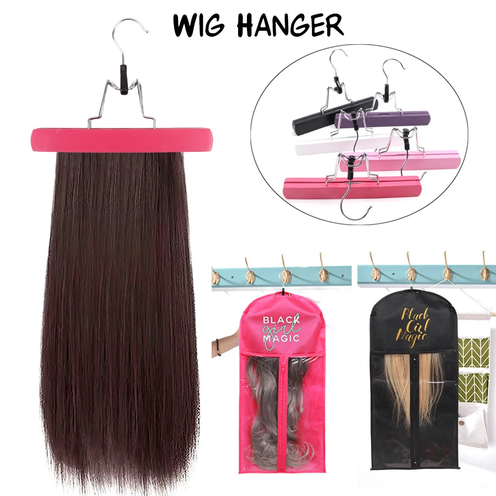 A wig hanger displaying a long, dark brown hair extension and several colored wig clips.