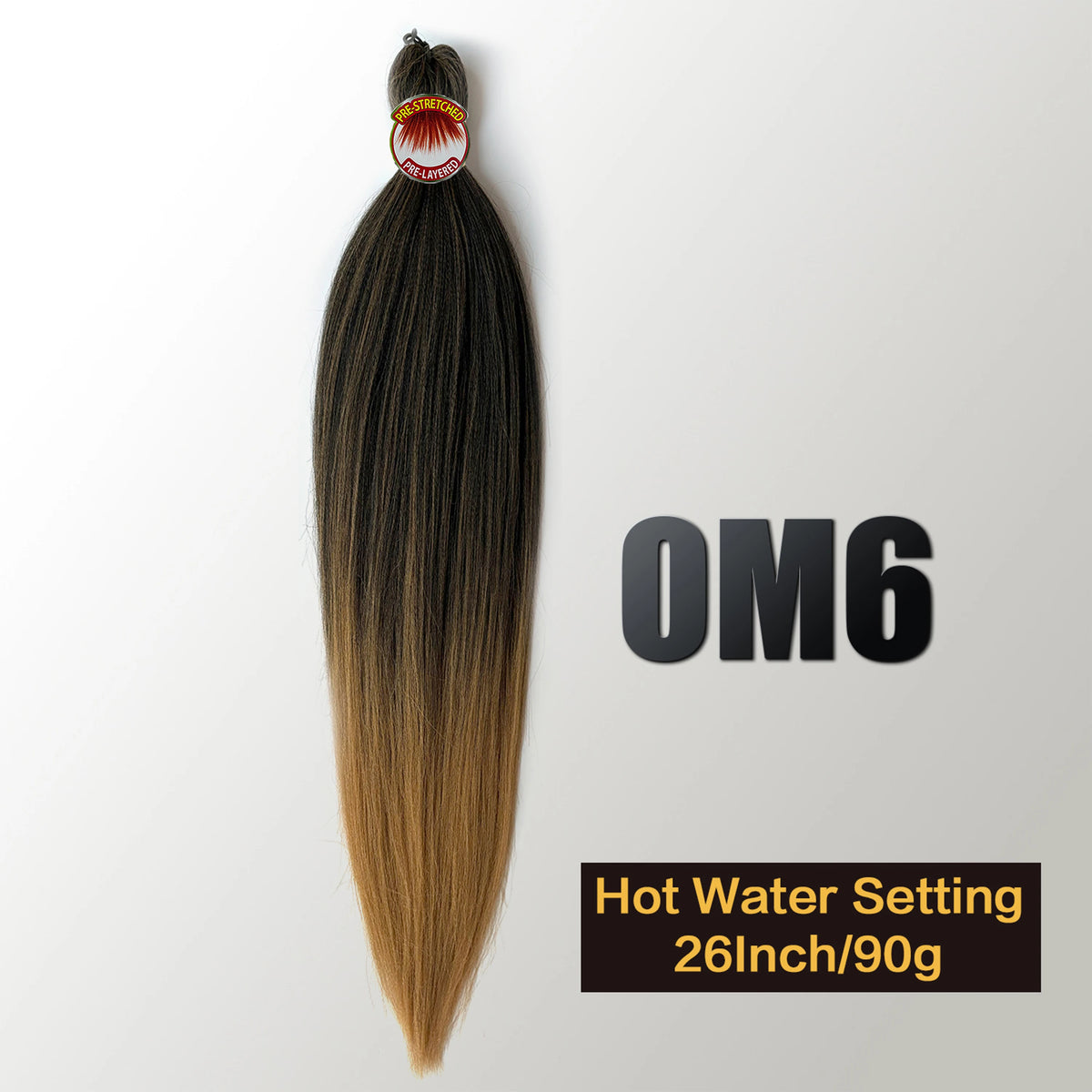 A long, straight, dark brown hair extension with a gold ombre tip, packaged for braiding.