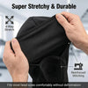 A hand is holding a black stretchy balaclava face mask demonstrating its durable and reinforced stitching.