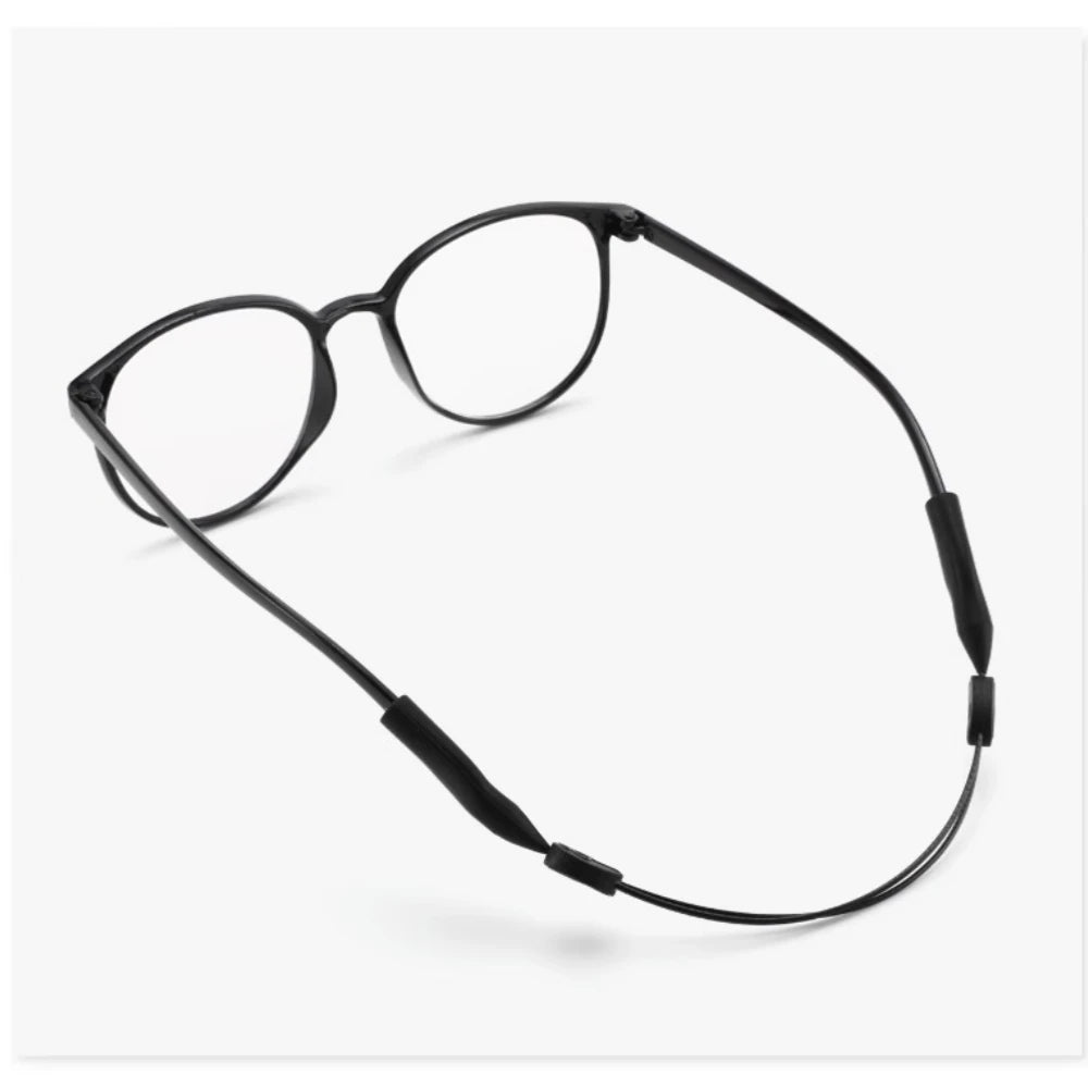 Black universal adjustable eyewear retainer strap with thin wire frame glasses.